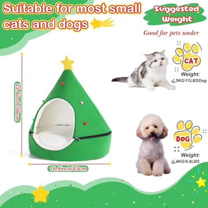 Beeveer Green Christmas Tree Cat House - 2 in 1 Foldable Cat Bed Tent with Self Warming Feature