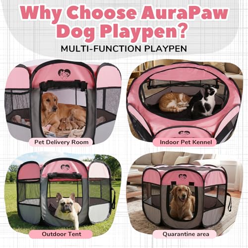 Foldable Puppy Playpen Indoor & Outdoor,Portable Small Dog & Kitten Playpen with Breathable Mesh,Easy Setup Pet Pen with Zipper Door & Carry Bag,Pop Up Puppy Playpen,Pink M - size: M