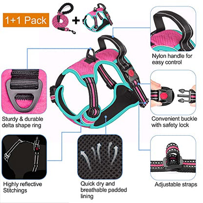 tobeDRI No Pull Dog Harness Adjustable Reflective Oxford Easy Control Medium Large Dog Harness with A Free Heavy Duty 5ft Dog Leash - color: Pink/Blue Harness+Leash, size: Medium