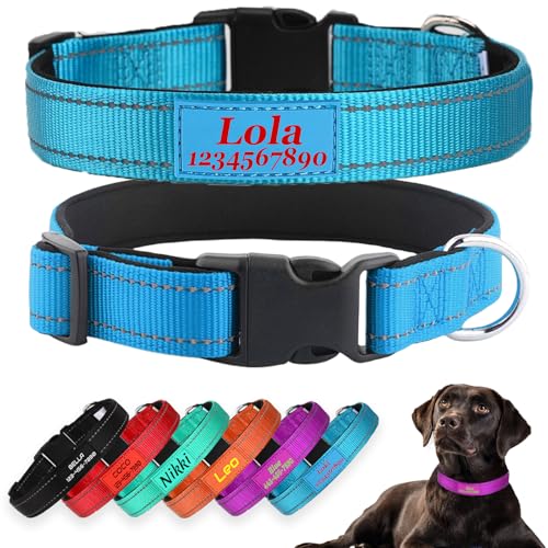Personalized Dog Collars, Reflective Nylon Custom with Pet Name and Phone Number,Adjustable 5 Sizes and 3 Fonts Soft Neoprene Padded Dog Collar for Boy Girl Puppies Dogs,Sky Blue - color: Sky Blue