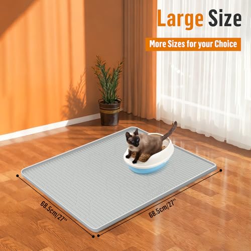 Silicone Cat Litter Mat, 27" x 27" Large Cat Litter Box Mat Litter Trapping Mat for Scatter Control, Waterproof, Soft on Kitty Paws, Clean Floor (Grey) - size: 27"L x 27"W