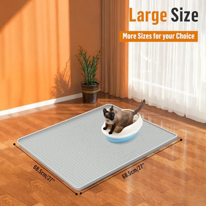 Silicone Cat Litter Mat, 27" x 27" Large Cat Litter Box Mat Litter Trapping Mat for Scatter Control, Waterproof, Soft on Kitty Paws, Clean Floor (Grey) - size: 27"L x 27"W