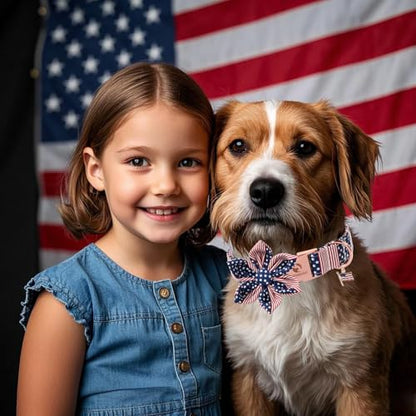 DOGWONG American Flag Dog Collar, 4 of July Dog Flower Heavy Duty Adjustable Patriotic Dog Collars with Bowtie for Small Dogs - color: American Flag B Flower, size: S