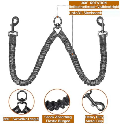 Dual Retractable Dog Leash 2 Large Dogs (Up to 110 Lbs Each), 2 Headed Pet Leash with Poop Bags, 26ft/8m Extension, Non-Slip Grip, One-Button Break & Lock, 360-degree Tangle-Free (Gray, Extra Large) - color: Gray, size: Extra Large
