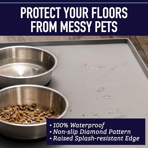 Leash Boss Waterproof Spill Guard Dog & Cat Silicone Dog Food Mat - Non-Slip Raised Edge Dog Bowl Mat - Waterproof Spill Guard Cat Food Tray - 25 x 17 in, Black - color: Black, size: XL - 25" x 17"
