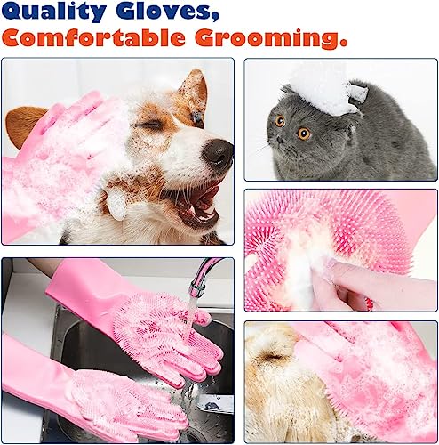 Sene Pet Grooming Gloves, Silicone Gloves Dog Bathing Supplies Hair Removal Gloves, High Density Teeth Bathing Shampoo Shedding Bath Brush Scrubber Washing for DOD and Cat (Pink)