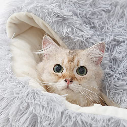 15.8'' Soft Round Plush Faux Fur Pet Bed for Cats or Small Dogs, Anti-Anxiety Cat Bed Puppy Bed, Washable Fluffy Anti-Slip Mute Base, Soft Pet Round Bed, Snooze Sleeping Cozy Kitty Kennel - color: grey