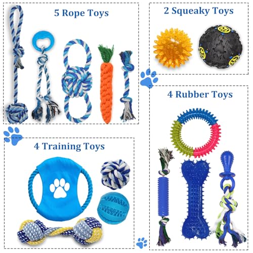 Dog Toys 15 Pack for Teeth Cleaning and Fun, Puppy Teething Chew Toys Interactive Rope Squeaky Treat Balls & Rubber Tous Bulk– Variety Dog Gifts Set Reduce Anxiety & Save Furniture - color: Blue