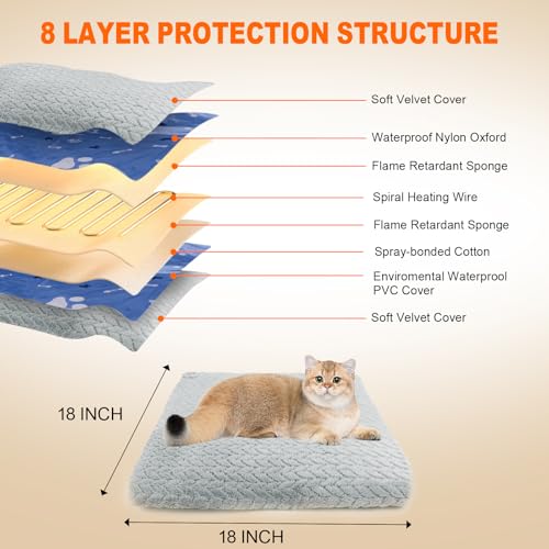 Heated Cat Bed Indoor, 12 Level Temperature Dog Cat Heating Pad with Timer, Pet Heating Pad for Puppy Cats Dogs Electric Warming Pad, Chew Resistant Heated Pet Bed (18" x 18") - size: 18" x 18"