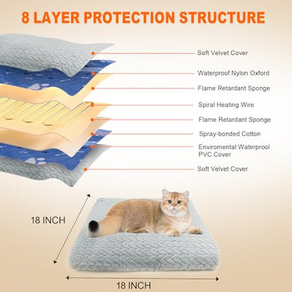 Heated Cat Bed Indoor, 12 Level Temperature Dog Cat Heating Pad with Timer, Pet Heating Pad for Puppy Cats Dogs Electric Warming Pad, Chew Resistant Heated Pet Bed (18" x 18") - size: 18" x 18"