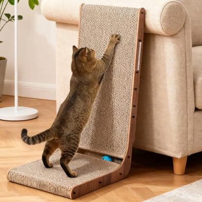 Cat Scratcher with Cat Toys Ball Track, Build-in Ball, L-Shaped Scratcher, Cardboard Lounge Bed, Stable and Durable, Furniture Protector, Reversible - color: L-Brown