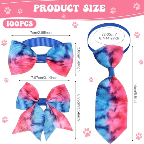 Reginary 100 Pieces Dog Bow Tie Collar Set Include 40 Dog Neckties, and 30 Puppy Bowties, 30 Collar Flowers, Adjustable Pet Ties Grooming for Small Medium Cats Pets Supply(Tie-dye) - style: Tie-Dye