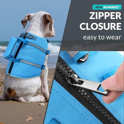 Queenmore Large Dog Swimming Life Jacket with Back Zip, Rescue Handle, Hook (Blue L) - color: Blue, size: Large