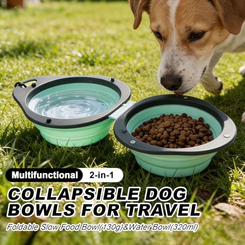 Green Collapsible Dog Bowls with Carabiner 2-in-1 Foldable Slow Food Bowl(130g)&Water Bowl(320ml) for Dogs and Cats Travel - color: Green