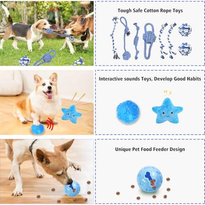 MRSOHRET Upgraded 21Pcs Puppy Chew Toys - Blue Puppy Chew Toys Bundle for Teething, Puppies Teething Toys with Durable Rope Rubber Ball, Pet Interactive Toys for Small Medium Dogs with Basket