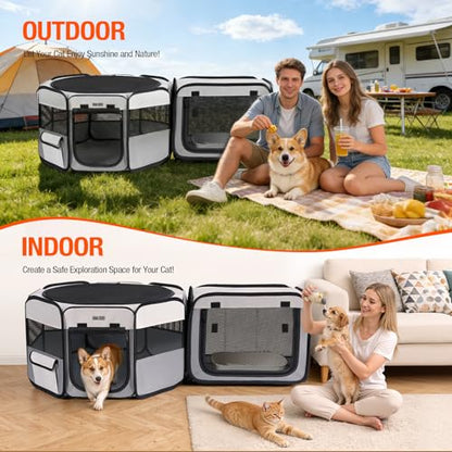 2-in-1 Portable Cat Playpen, [48 * 26 * 26in] Large Pet Playpen with Detachable Litter Box Enclosure Playpen, Pop-Up Indoor/Outdoor Puppy Kennel for Cats/Small Dogs/Rabbits, Foldable with Carry Bag