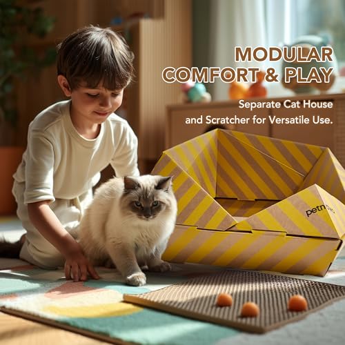 Foldable Cardboard Cat House & Bed for Indoor Cats – Origami Cat Cardboard Hideaway with Honeycomb Scratcher Pad, Collapsible Travel-Ready, FSC-Certified, Silver Award Winner, Yellow - color: Yellow