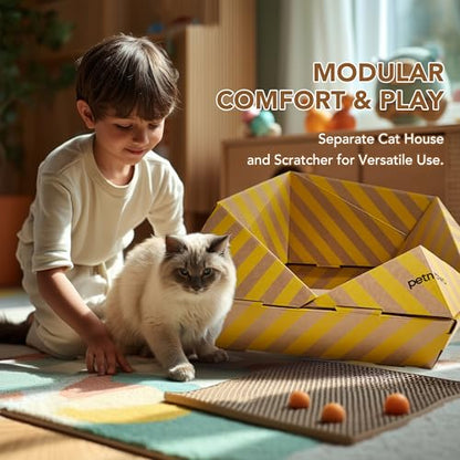 Foldable Cardboard Cat House & Bed for Indoor Cats – Origami Cat Cardboard Hideaway with Honeycomb Scratcher Pad, Collapsible Travel-Ready, FSC-Certified, Silver Award Winner, Yellow - color: Yellow