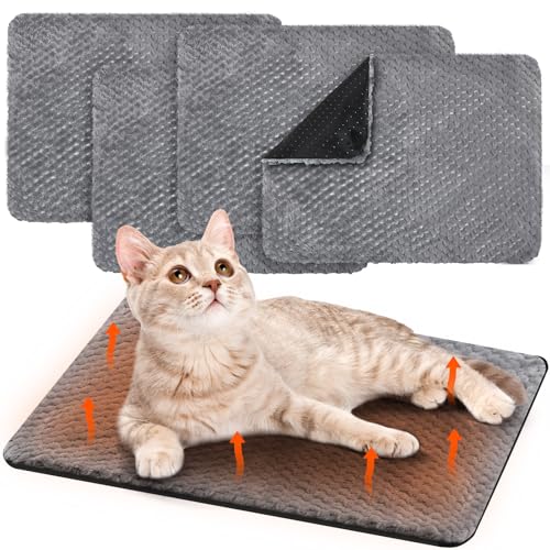 Drydiet 4 Pcs Self Heating Cat Pad Self Warming Cat Bed Dog Heating Pad Washable Thermal Pet Mat for Indoor Outdoor Pet 16 x 20 Inch Removable Non Slip(Gray) - color: Gray