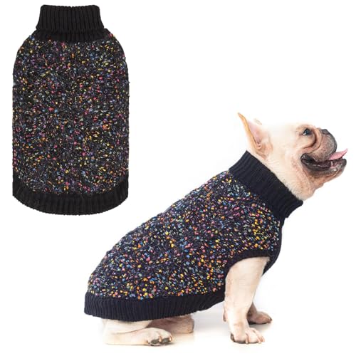 BEAUTYZOO Cable Knit Small Dog Sweater, Color Block with Fuzzy Thread Knitted Turtleneck Dog Knitwear with Dots in a Variety of Colors for Small Medium Dogs Fall Winter Dog Clothes, M Black - color: Black Pom Poms, size: M (Back: 16", Chest: 21", Neck: 13