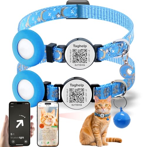 2PCS Breakaway Cat Collars with Bell Cute Star &Moon Safe Kitten Collars with Pendant Glow in The Dark,Airtag Holder Cat Collar with Smart ID tag & QR Code Reflective for GPS Boy Girl Cats (Blue) - color: Star Moon & Paw pattern - Blue, size: Collar with