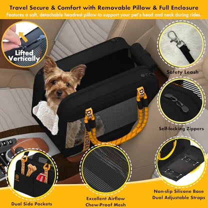 PAWZIDEA Center Console Dog Car Seat, Enclosed Small Dog Armrest Booster Carseat, Secure Straps &Anti Slip, Portable TSA Approved Puppy Pet Carrier Soft-Sided, Removable Pillow Storage Pocket, up 12lb - color: Black Warrior