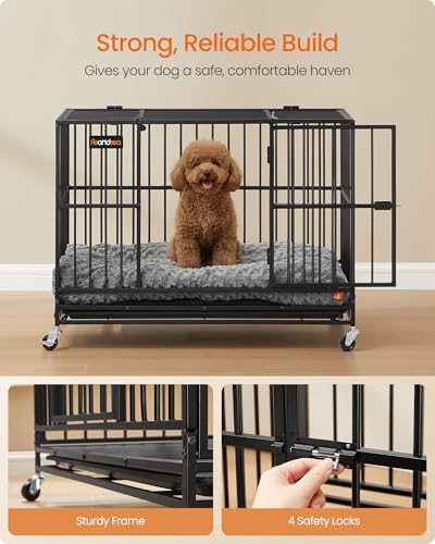 Feandrea Heavy-Duty Dog Crate, 5-Minute Quick Assembly, Foldable Dog Kennel Cage with Lockable Wheels, Double Doors, Escape Proof Fixed Bottom, Removable Tray, Easy to Clean, Ink Black, 37 Inch - size: 37.0"L x 24.0"W x 28.0"H