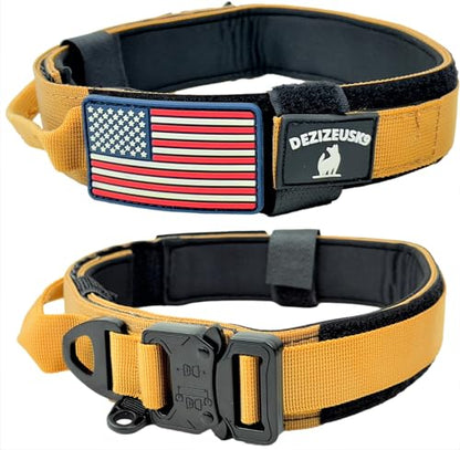 Tactical Dog Collar with Handle, American Flag Patch, 1.5 Inch Wide Thick Heavy Duty Nylon, Quick Release Metal Buckle, Customizable Name Plate, Ideal Dog Collars for Medium to Large Breeds K9 Harness - color: TAN 18-24 inch, size: adjustable 18-24 inches