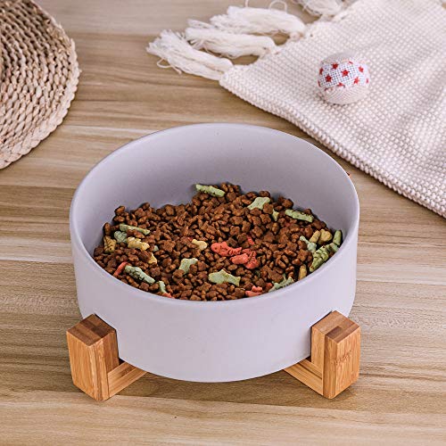 Ceramic Dog Bowl with Bamboo Stand - Large Dog Dish for Food and Water - Heavy Weighted, No Tip Over - 8.4" Diameter - Grey - color: Grey