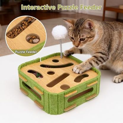 Interactive Cat Scratch Puzzle Box Wooden Enrichment Toy Intelligence Treat Kitten Maze Puzzle Toy with Jingle Balls and Wands Mental Stimulation Games for Bored Indoor Cats