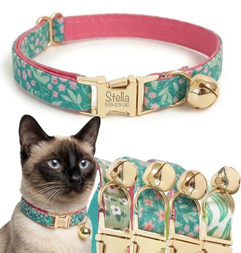 Engraved Floral Cat Collar with Removable Bow Tie - Personalized ID Tag & Safety Bell, Adaptive Polyester Design, （Non-Breakaway） - Floral Pattern Collection - color: Vine Green Pink, size: L