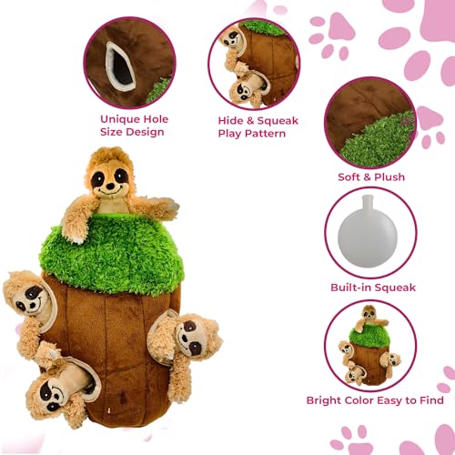 Glow Pups Hide and Seek Dog Toy, Sloth Dog Toy, Plush Squeaky Burrow Tree for Dogs, Interactive Puzzle for Mental Stimulation, Woodland Style, Medium Size, Set of 4 - size: Medium