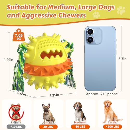 Dog Chew Toys Floating 4" Squeaky Ball for Aggressive Chewers Toothbrush Teething Cleaning Toys Outdoor Swimming Interactive Tough Toys with Treat Dispenser Ball for Medium and Large Dogs - color: Yellow