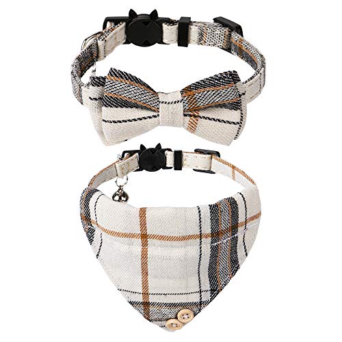 Faleela Breakaway Cat Collar with Bells - 2 Pack Cat Collar with Bells, Cat Collars with Bandana, Accessories for Pet Collars, Adjustable for Cats and Small Dogs - color: Beige bow+bandana
