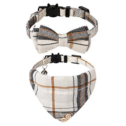 Faleela Breakaway Cat Collar with Bells - 2 Pack Cat Collar with Bells, Cat Collars with Bandana, Accessories for Pet Collars, Adjustable for Cats and Small Dogs - color: Beige bow+bandana