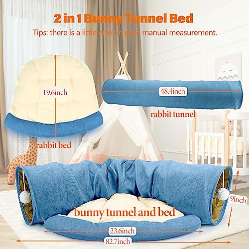 BWOGUE Bunny Tunnel Bed, 2-in-1 Collapsible Tunnel Tubes Toys with Removable Mat Hideout for Cats Kittens Rabbits Guinea Pigs Kitty - color: Blue