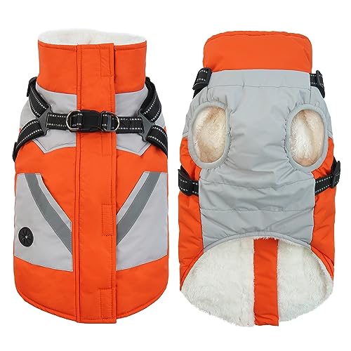 IECOii Warm Small Dog Coat Harness with D Ring -Orange,Small- Zip Small Dog Jacket Winter Reflective, Fleece Lined Dogs Snowsuit Snow Jacket,Pet Clothes for Small Dogs Yorkshire Terrier Bichon Shih - color: Orange, size: Small(Chest:17.3 in)