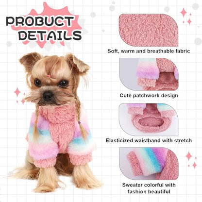 Dog Sweater for Small Winter Warm Fleece Turtleneck Sweatshirt Clothes Boy Girls Pet Pullover with Rainbow Sleeves Cat Apparel Stretchy Outfit(Pink, X-Small) - color: Pink, size: X-Small