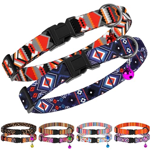 2 Pack Cat Collars with Bell - Breakaway Soft Collar for Girl & Boy Cats, Adjustable Safety Cute Kitten Collars – Comfortable Stylish Patterned Print Design Lightweight (Geometric + Boho) - color: Geometric + Boho