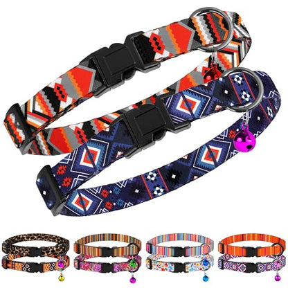 2 Pack Cat Collars with Bell - Breakaway Soft Collar for Girl & Boy Cats, Adjustable Safety Cute Kitten Collars – Comfortable Stylish Patterned Print Design Lightweight (Geometric + Boho) - color: Geometric + Boho