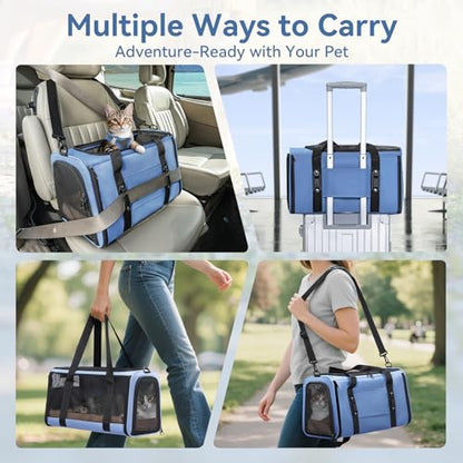 PETSFIT Soft-Sided Cat Carrier with Patented Safety Buckles, Lockable Zippers & Safety Tether,Escape-Resistant Travel Pet Carrier for Car Rides & Vet Visits, Airline Approved Under-Seat, Up to 12 lbs - color: Blue, size: Medium
