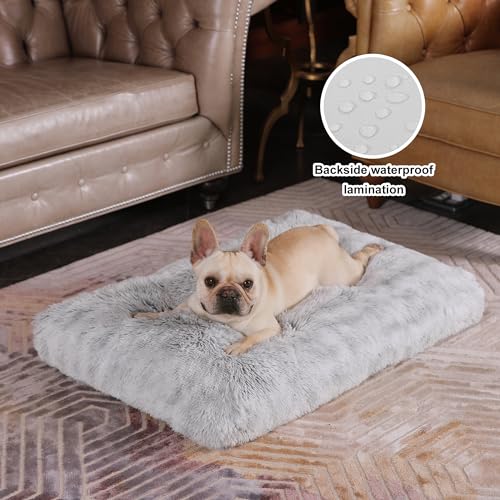 Bedfolks Plush Waterproof Dog Crate Bed, Removable Washable Cover, Faux Fur Kennel Pad, 29"x21", Grey - color: Grey, size: Medium(29x21'')