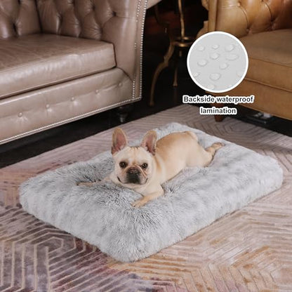 Bedfolks Plush Waterproof Dog Crate Bed, Removable Washable Cover, Faux Fur Kennel Pad, 29"x21", Grey - color: Grey, size: Medium(29x21'')