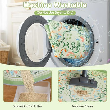 Washable Cat Litter Mat 48"x36" 2Pack with Non-Slip Bottom Waterproof Litter Box Mat Easy to Clean Litter Trapping Mat for Kitty - color: Bean Green Flower, size: 48"x36"-2 Pack