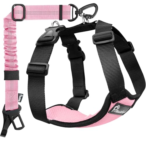 Pawaboo Dog Seat Belt Harness for Car, Dog Car Harness Seatbelt with Double Clips, Adjustable Breathable Pet Vest & Dogs Safety Tether with Elastic Bungee for Small Medium Large Pet, S, Pink + Black - color: Pink + Black, size: Small