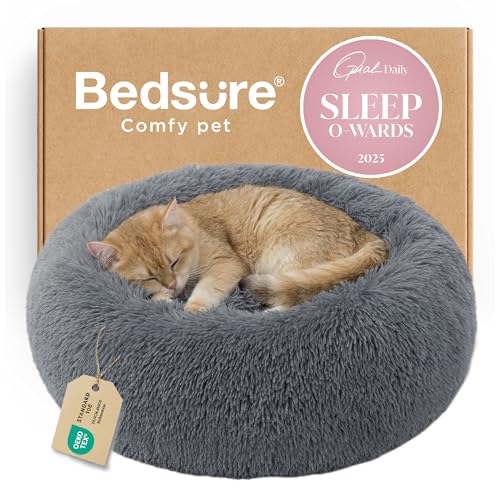 Bedsure Calming Cat Beds for Indoor Cats - Small Cat Bed Washable 20 inches, Anti-Slip Round Fluffy Plush Faux Fur Pet Bed, Fits up to 15 lbs Pets, Dark Grey - color: Dark Grey, size: 20"L x 20"W x 6"Th