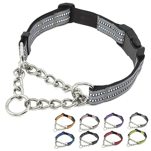 Martingale Dog Collars, Reflective Nylon Collar with Stainless Steel Chain, Adjustable Walking Training Dog Collars with Quick Release Buckle, Suitable for Small Medium Large Dogs(Gray,XL) - color: Gray, size: Extra Large-(dog's neck 20~25.5inches)