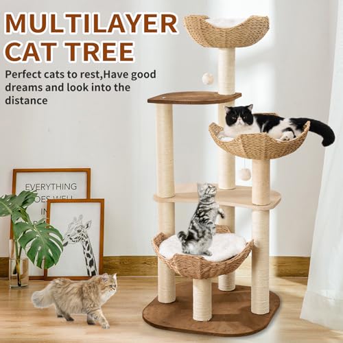 Big Modern Design Cat Tree Tower with White Cloud Mat, Unique Cat Supplies Tower with Scratching Post, Cute Wood Cat Tree Cat Furniture Activity Centre for Indoor Big Cats - color: K-903