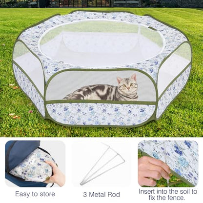Pawaboo Small Animals Playpen, Waterproof Small Pet Cage Tent with Zippered Cover, Portable Outdoor Yard Fence with 3 Metal Rod for Chick/Kitten/Puppy/Guinea Pig/Rabbits/Hamster, Blue + White Flower - color: T-Blue + White Flower