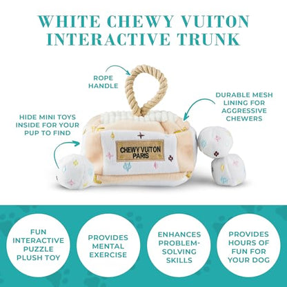 Haute Diggity Dog Chewy Vuiton Trunk Puzzle with 3 Plush Squeaky Dog Toys, Soft Durable Designer-Inspired Stuffed Puppy Chew Toys for Small & Medium Dogs, Machine-Washable (White) One Size - color: White Trunk, size: One Size